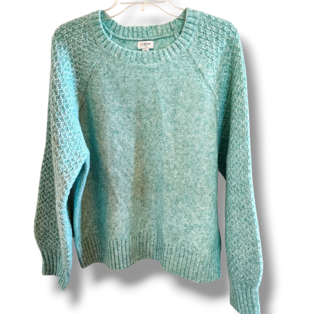 J. Crew Factory Light Green Mixed Knit Puff Sleeve Wool Blend Crew Sweater XL